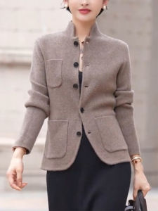 QINGNAER | Elegant Maturity Simple Large Size Womenswear Autumn 2025 Light Brown Stand Collar Button Knitted Sweater
