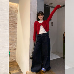 Blue High Waist Flared Design Straight Leg Jeans Womens Loose Long Pants Autumn Season Fashionable Casual High Waist Denim