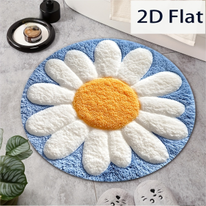 VIKAMA Daisy Flower Round Rug Blue White Floral Bath Mat Non Slip Absorbent Soft Floor Carpet For Bathroom Bedroom Home Decor