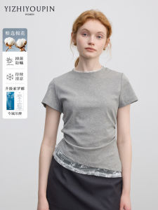 Gray round Neck Lace Splice Short Sleeve T-Shirt Womens Slim Fit Waist Cinch Asymmetrical Fake Two-Piece Short Top Summer