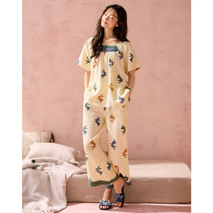 Summer Cartoon Sweet Cotton Gauze Lightweight Loose-fitting Pajama Set