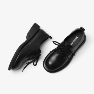 MIOLLIBARN | Black Lace-up Retro British Style Genuine Leather Wide Toe Oxford Shoes