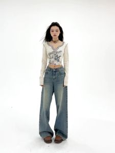 Jeans wanita baru pinggang tinggi pinggang lebar longgar lurus gaya Korea