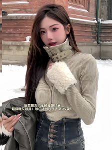 Womens High Collar Knitted Base Shirt Slim Fit Autumn Winter New Style Belted Splicing Fur Sleeve Design Mannerly Top