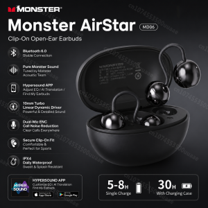 Monster | Monster Airstar MD06 Earclip Sport Earbuds Ai Translating Bluetooth 6.0 Headphone ENC Call Noise Reduction TWS Earphone with APP
