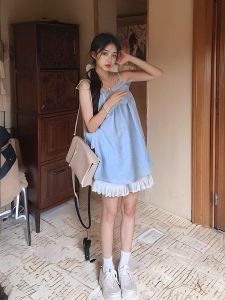 Blue Sleeveless Strap Dress Womens Top Bottom Set Butterfly Knot Waistband Slimming Sweet Summer Pure Desire Style