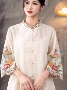 เสื้อเชิ้ตผู้หญิงผ้าฝ้ายลินินสไตล์ฤดูร้อน คอตั้ง ปักลาย แขนยาว ทรงปกติ ไม่ยืดหยุ่น ไม่ต้องรีด แขนสั้น ฤดูร้อน 2016