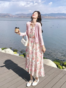 Pink Sweet Romantic Floral Print Chiffon off Shoulder Long Dress Two Piece Set with Soft Open Cardigan Commute Korean Style Summer Dress
