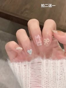 Cute Watercolor Childrens Wearable Nails Short Style Student Nail Art Kit Full Set Nail Stickers Finished Product