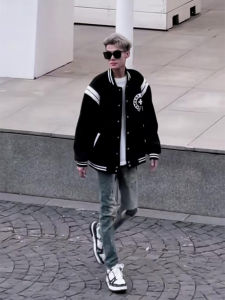 Fall and Winter Fashion Brand Trend Cross Jacket Fashion Casual Street Cool Handsome Black and White American Baseball Uniform Outwear Men