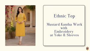 Mustard Katha Work Cotton Long Kurti with Embroidered Yoke & Sleeves | Long Kurti | Midi
