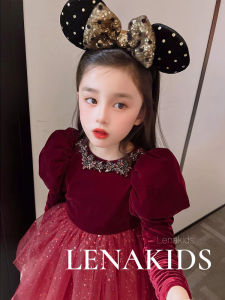 ชุดเดรสผ้ากำมะหยี่ทรงเจ้าหญิงสำหรับเด็กผู้หญิง ชุดราตรีวันเกิดฤดูใบไม้ร่วงและฤดูหนาว สีแดง ชุดเดรสทรงพองคอตตอน ชุดเด็กคุณภาพสูง