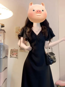 PEIZIXUAN | French Audrey Hepburn Style Black V-neck Dress for Women Summer