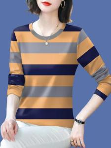 Spring Autumn Versatile Long Sleeve round Neck Printed Base Shirt Womens Inner Wear Outerwear Striped Trendy T-Shirt Commute Style
