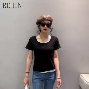 REHIN Womens top New summer collection like two-piece design with contrasting colors unique and trendy casual versatile short-sleeved T-shirt cotton shirt