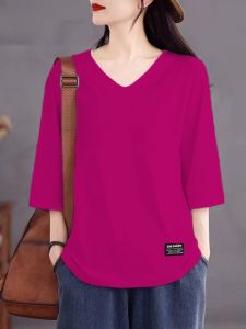 Pure Cotton V Neck Short Sleeve T-Shirt Womens Summer Easiest for Match Loose Tummy Hiding Slimming Plus Size Womens Western Style Youthful-Looking Half Sleeve Tops