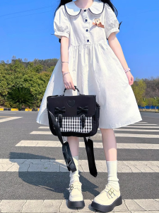 Cute Sweet White Doll Collar Midi Dress Women Summer 2025 New Loose Japanese Style Small Size Student mid Length Skirt