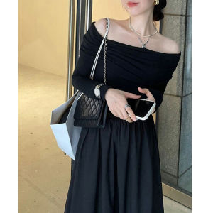 Fancy Black off-Shoulder Dress Womens Early Spring French Style Long Sleeve off-the-Shoulder Dress Waist-Tight Elegant A- line Skirt