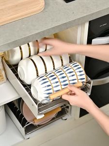 Stainless Steel Kitchen Cabinet Organizer Can Pull Up Dishes Rack Kitchen Kitchen Tableware Storage Rack