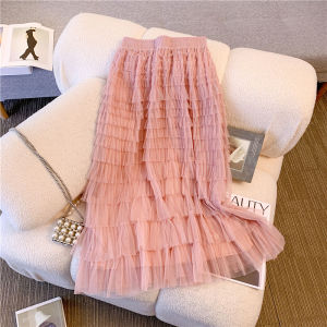 Elegant Multi-Layer Cake Skirt Long Mesh Half Skirt Womens Design Sensation Niche Slimming Maxi Skirt Commute Style High Waist