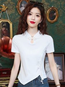 White Short Sleeve T-shirt for Women Summer Fashion Chinese Design Slim Fit Cotton Work Clothing With Stand Collar