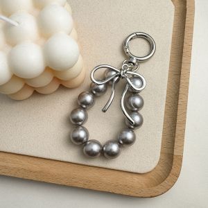 Korean Style Fashionable Silver Butterfly Knot Pearl Bead Mobile Phone Lanyard Keychain Earphone Bag Pendant Creative Gift
