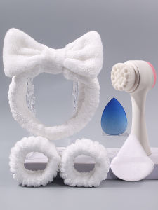 Bộ Dụng Cụ Làm Đẹp 6 Món Với Băng Đô Nơ Vòng Đeo Tay Chống Nước Bàn Chải Rửa Mặt & Bông Mút Trang Điểm Để Chăm Sóc Da & Trang Điểm