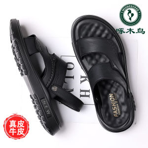 Summer New Mens Woodpecker Sandals Genuine Leather Casual Anti-slip Soft Bottom Beach Shoes Dual-use Slip-On Slippers