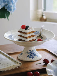 Zeteng Home Ceramic High Leg Tray French Vintage Afternoon Tea Dessert Cake Fruit Living Room Decoration Ornaments