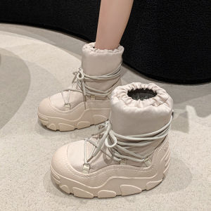 Womens Snow Boots 2024 New Fashion Waterproof Non-Slip Heightening Lace-Up Northeast Big Cotton Shoes Winter Warm Thick Bottom