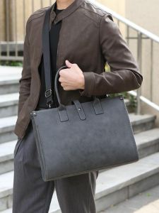 Large Capacity Simple Tote Bag Briefcase Shoulder Handheld Laptop Document Bag for Men Business Casual PU Leather Backpack