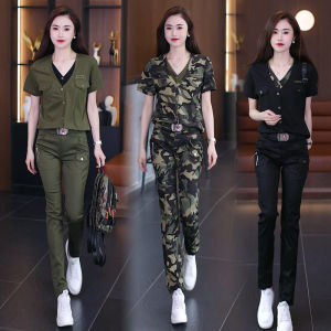 Camouflage Clothing V Neck Fake Two Pieces Short Sleeve Fashion Suit Summer New Arrival Womens Clothing Silm Slim Looking Thin Trousers Two-piece Set