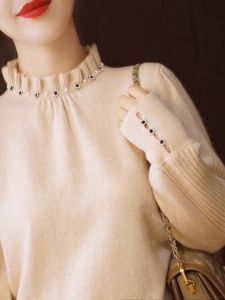 Autumn Elegance Stand Collar Beaded Long Sleeve Wool Knit Top