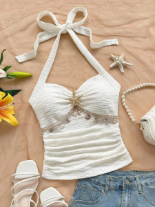 Áo Gile Dệt Kim Nữ Trang Trí Vỏ Sao Biển Kiểu Dáng Y2K Phối Dây Đeo Chất Liệu Polyester Pha Elastane Thích Hợp Cho Các Bữa Tiệc