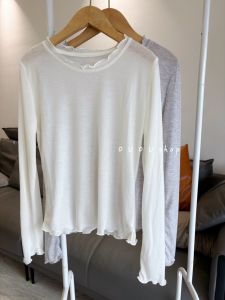 French Style Spring Summer Lightweight Breathable Womens T-Shirt with Wood Grain Ruffle Design Base Layer Sun Protection Shirt