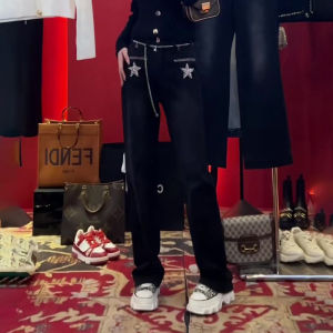 Black High Waist Slimming Star Rhinestone Denim Jeans Womens Straight Leg Long Trousers Spring Autumn New Design Sensation