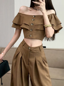 เซ็กซี่ ฤดูร้อน Fashionset ผู้หญิง ไหล่เดียวสั้น เสื้อท่อนบน สูง เอว ขากว้างตรง กางเกง สองชิ้น ชุดสูท น้องสาวความรู้สึก