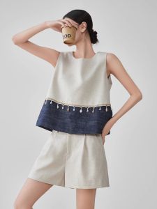 XIAODADEHUA | Color Blocking Tassel Round Neck Vest Suit