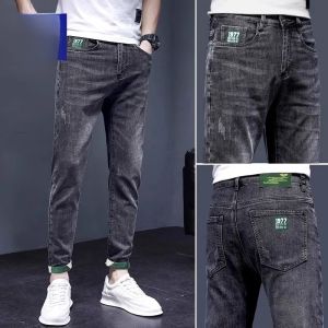 ROMON | Lormen Mens Ice Silk Jeans Summer Thin Fashion Slim Fit Blue Washed Casual Straight Leg Long Pants Mid Waist Cotton Polyester Blend