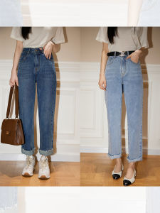 Spring Fashion Slim Fit Womens Jeans Casual Straight Leg Denim Pants Long Trousers Natural Waist Button Deep Color YUMOMO STAR