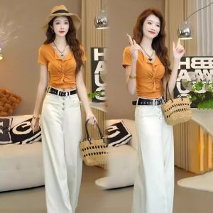 Summer 2025 Casual Fashionable round Neck Slim Fit T-Shirt Wide Leg Pants Two Piece Set Elegant Quality Polyester Short Sleeve Button up