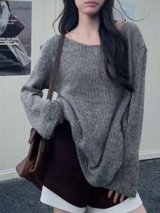 QINGNAER | Casual Loose Soft Knitwear Grey Large Size Womens Sweater