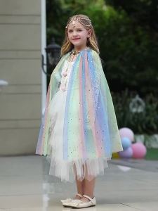 Girl Princess Costume Kids Party Accessories Cloak Crown Wand Necklace Earrings Rings Set Elsa Anna Rapunzel Aurora Tulle Cape