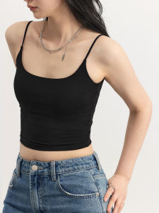ChicVEN Summer 2025 Womens Short Tank Top Inner Wear Beautiful Back Strap Vest Simple U-neck Padded Chest Commute Style Pure Color