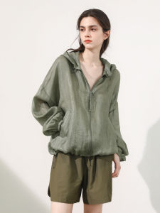 Miccbeirn | Pure Flax Material Hooded Windbreaker Short Jacket Commute Style Womens Top White Enhancing Casual Loose Fit Long Sleeve