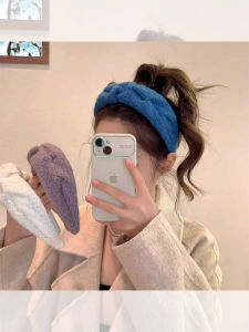 Autumn and Winter Knitted Plush Wide Brim Hair Band Womens 2024 New Arrival High Skull Top Blue Wool Headband Hair Clip Headdress