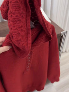 UYFY | Comfortable Red Hooded Knitwear Womens Base Layer Top Simple Style Loose Fit Soft Fabric Long Sleeve Hooded Regular Length