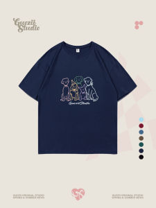 Guozii American Retro Dark Blue Pure Cotton Loose Short Sleeve T-Shirt Female Male Early Spring Bottoming round Neck Casual Tops