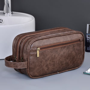 Double-Layer Toiletry Bag for Men PU Leather Travel Wash Organizer Dopp Kit Water-resistant Shaving Cosmetic Bag Strorage