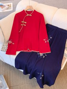 Áo Sơ Mi Đỏ Trung Hoa Phong Cách Mới Cho Nữ Áo Sơ Mi Cơ Bản Áo Dài Cổ Đứng Áo Dài Thường Ngày Áo Dài Tay Mùa Thu